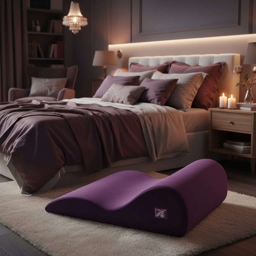 purple foam positional aid in a sensual bedroom setting