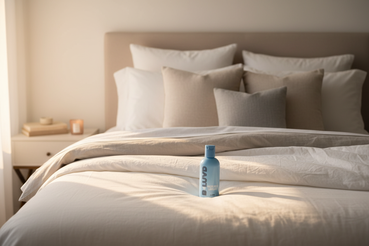 i want the bottle of bluvd waterbased lubricant from my shopify store on a bed 